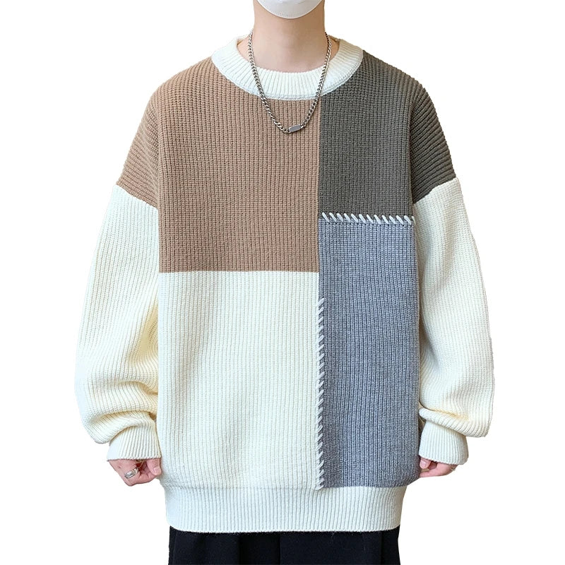 Men's Patchwork Round Neck Knit Pullovers Loose Casual Knitted Sweater