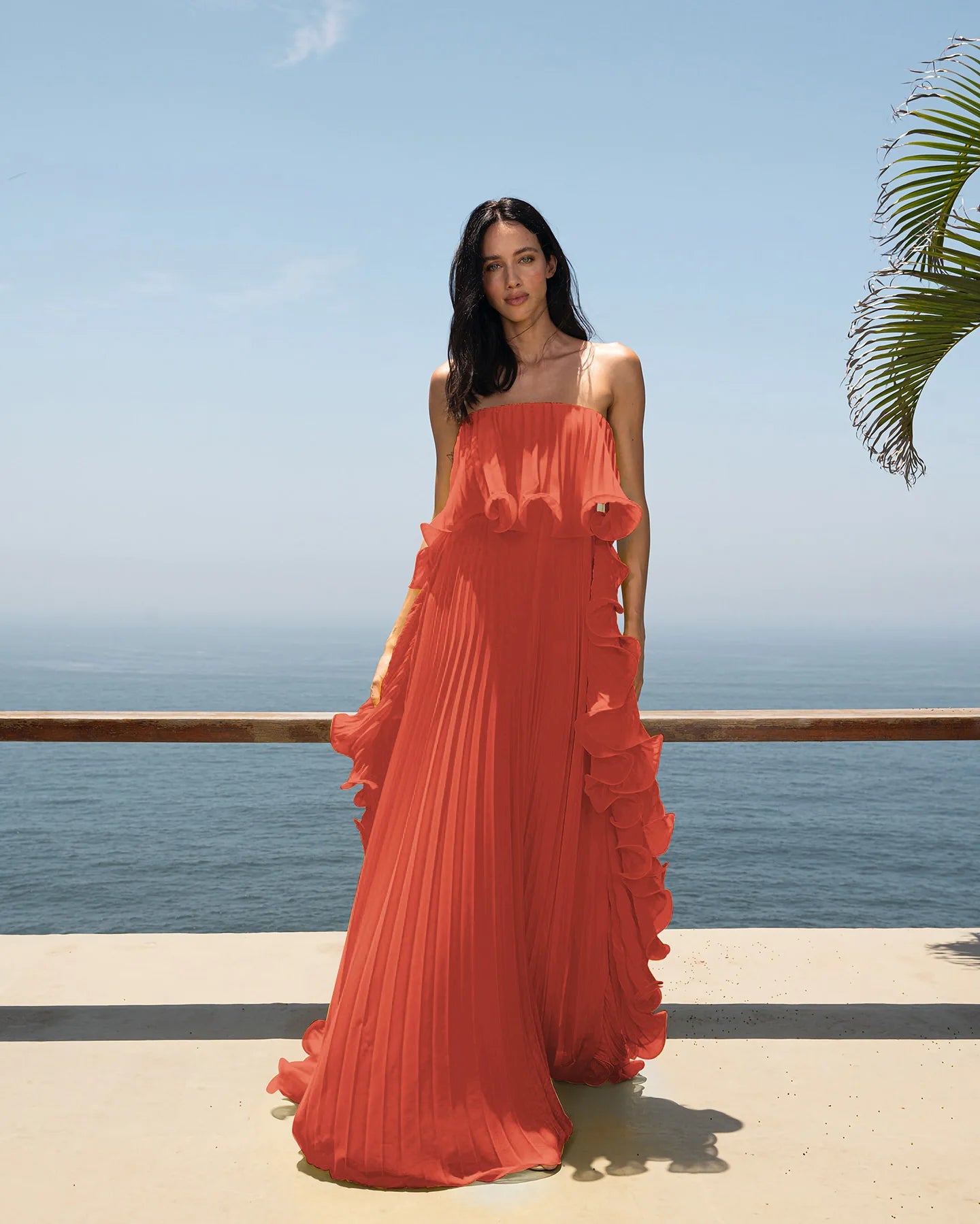 Pleated Wrap Maxi Dress - Off-Shoulder Cape Gown