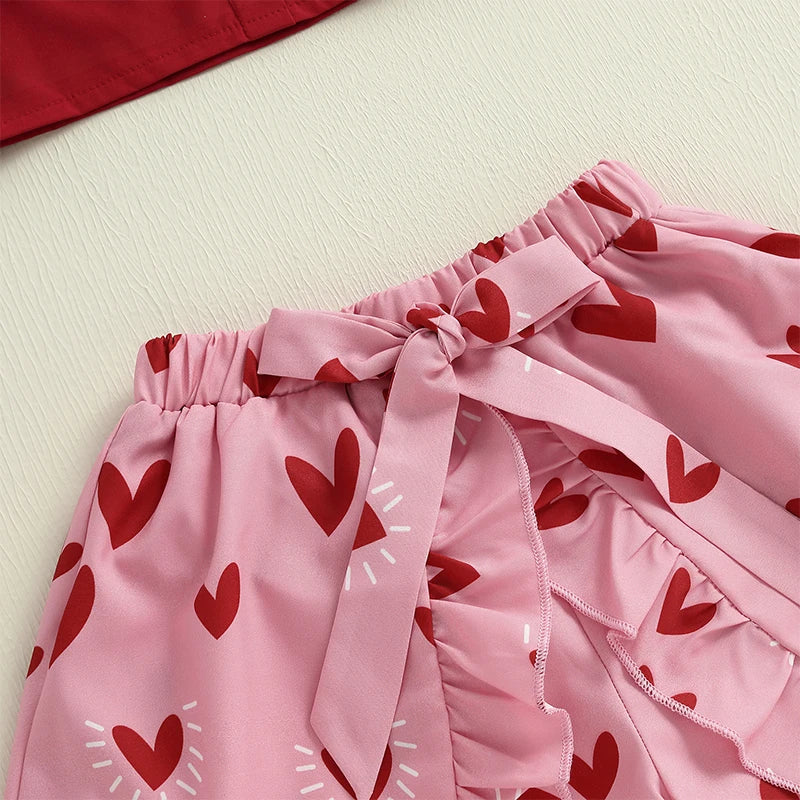 3-6Y Kids Girls Clothes Set Outfit Heart Print Sleeveless Camisole Low Ruffles Skirt Shorts Set