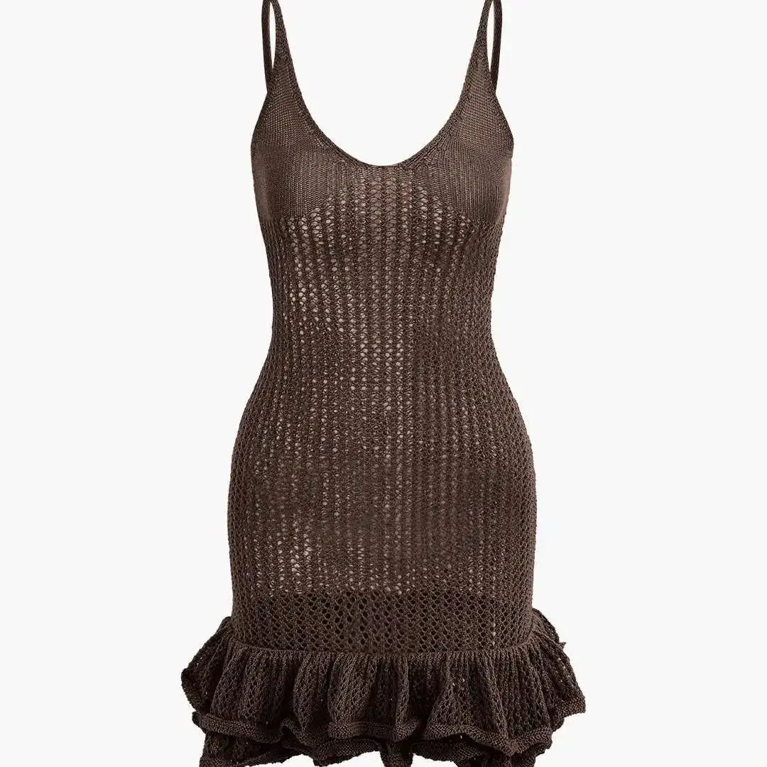 Women's Crochet Knit Mini Dress - Sleeveless Ruffle Hem Cover Up
