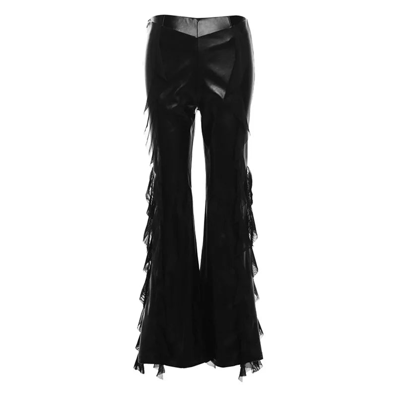 Women's Mesh Splicing PU Flare High Waist Slim Fit Black Long Trousers