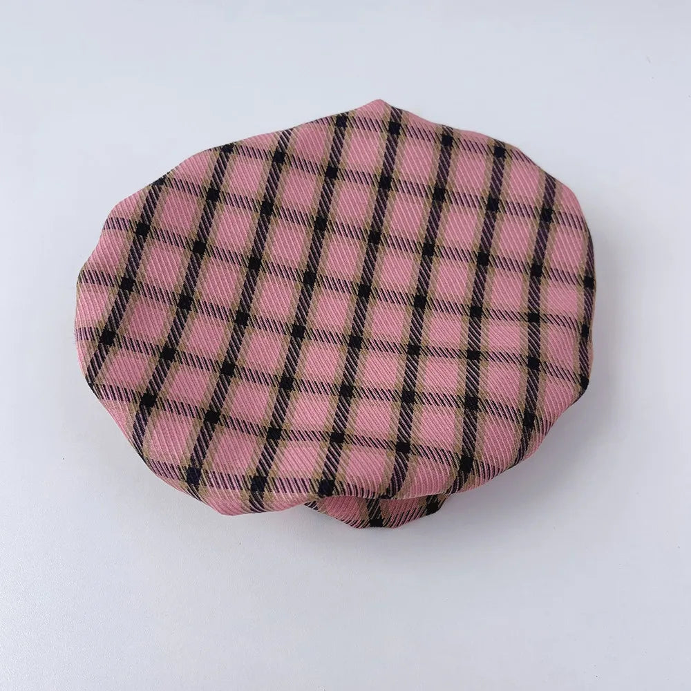 Girls Three Piece Clothes Set Solid Colour High Neck Base Shirt and Plaid Skirt and Hat Set