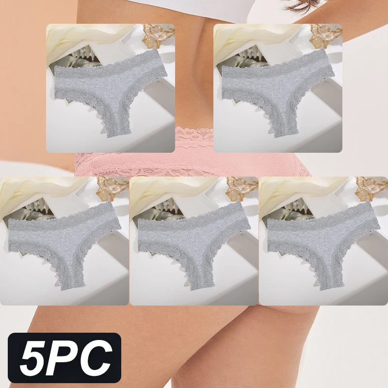 5PCS Women Cotton Lace Underwear Low Waist Briefs Breathable G-String Lingerie