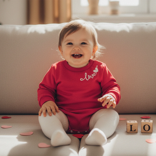 Baby Boys Girls Valentine's Day Romper - Heart Embroidery Long Sleeve Jumpsuit 0-18M