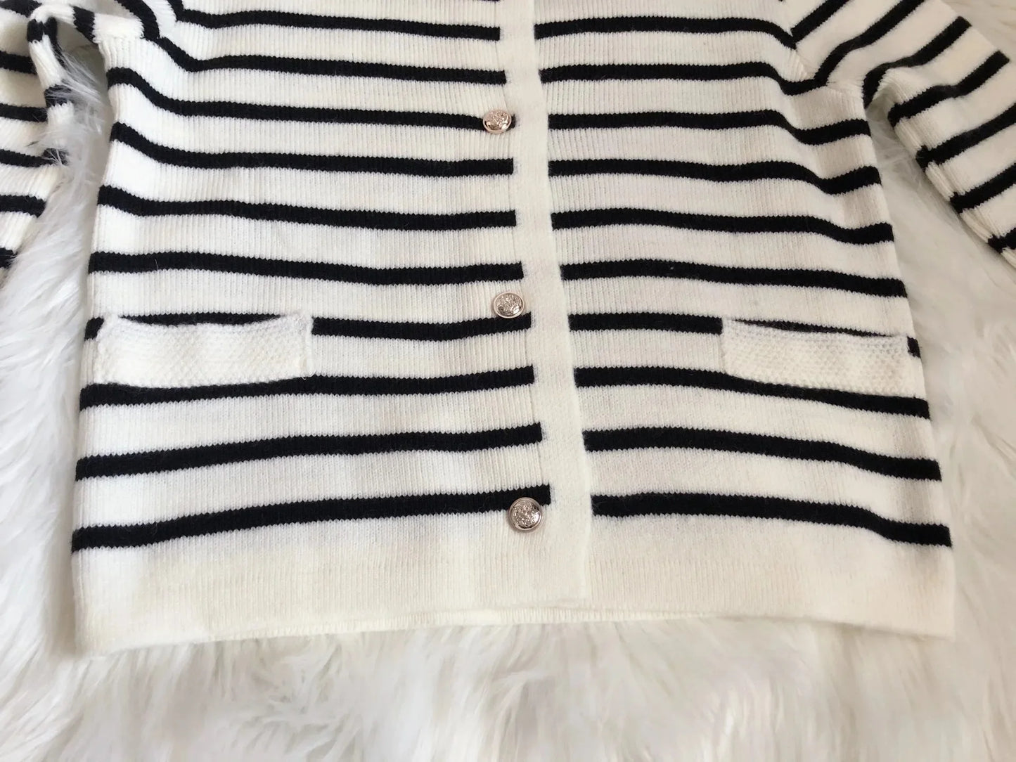 Women's Black and White Striped Shorts Set - Striped Sweater Cardigan and High Waist Set