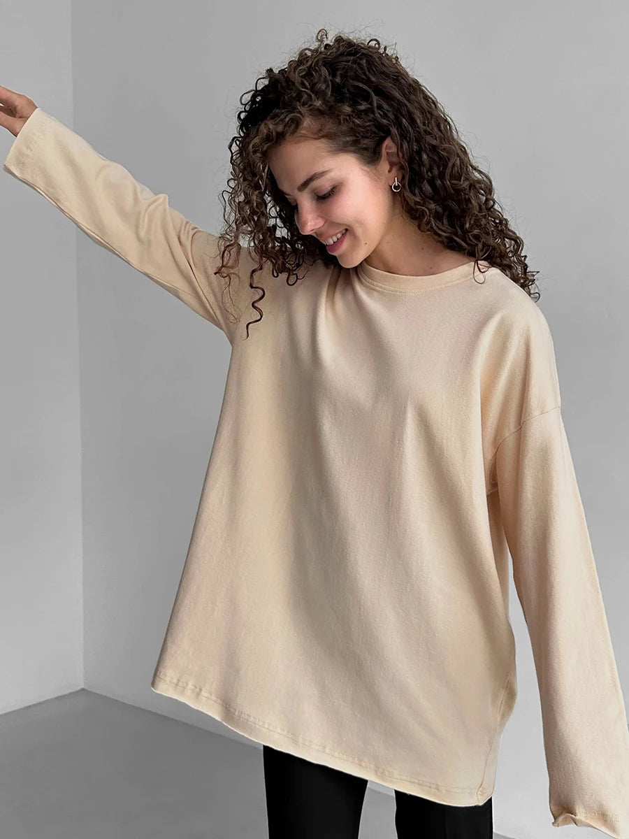 Women's 100% Cotton Bottoming Long Sleeve Loose T- Shirt