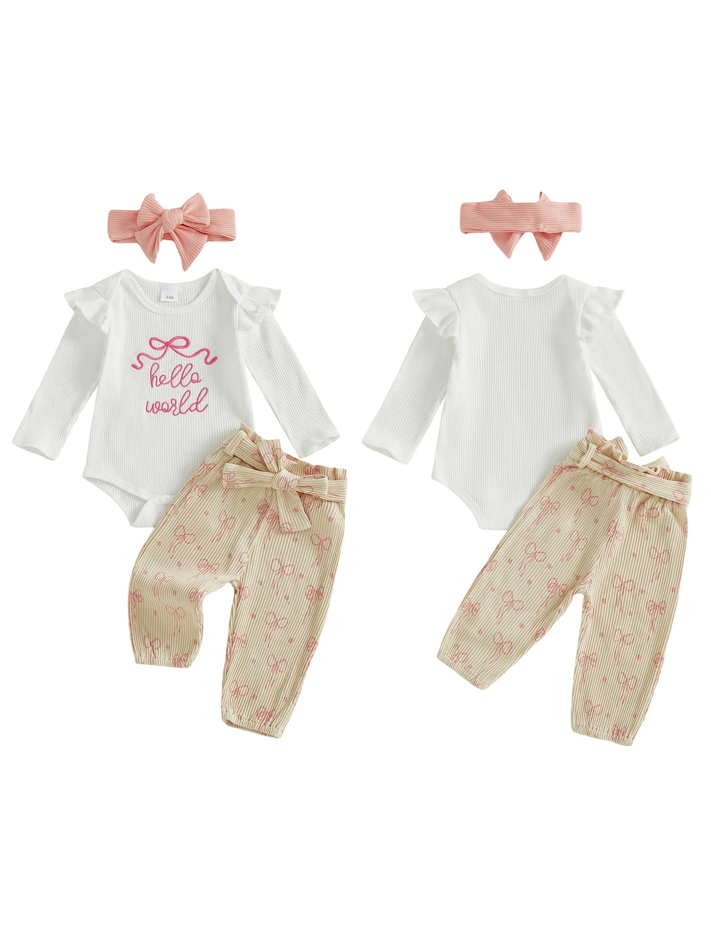 Newborn Baby 4-Piece Outfit Set - Long Sleeve Romper, Pants, Belt & Headband