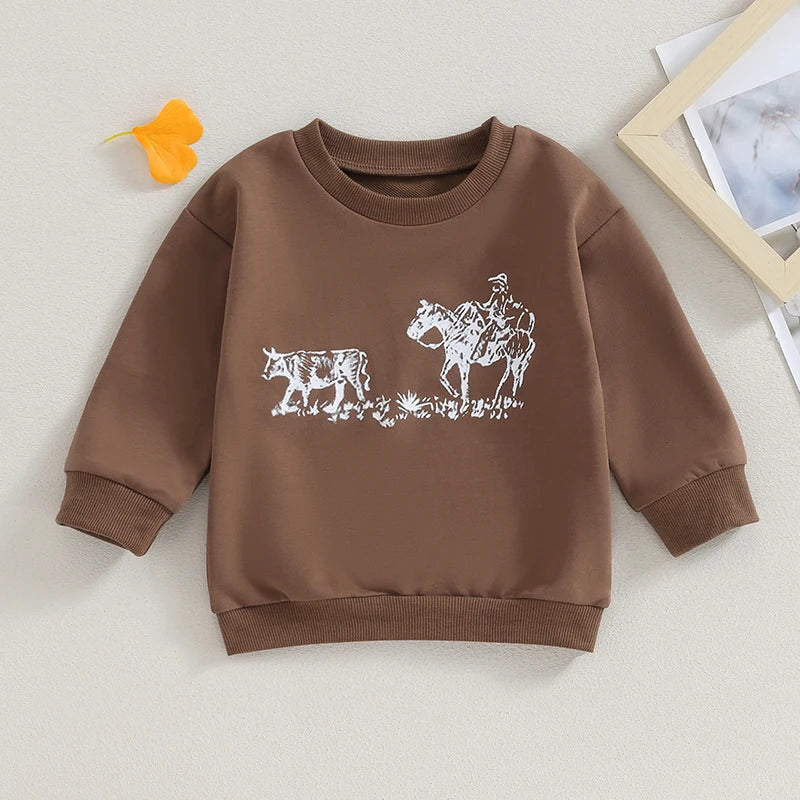 0-4Y Autumn Infant Baby Boys Girls Western T Shirts Cow Cattle Print Long Sleeve Pullover Sweatshirt Top