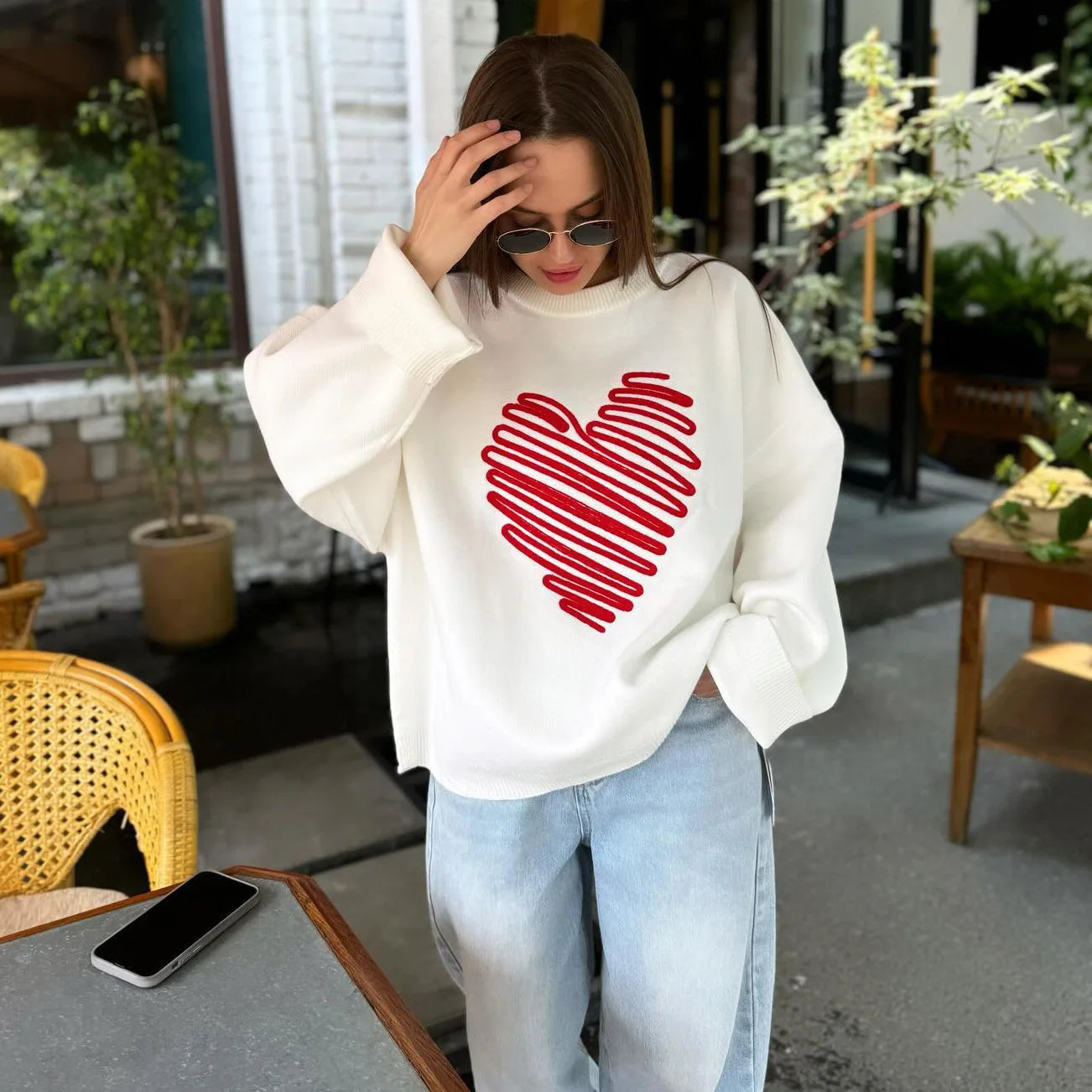 Women's Heart Knitted Loose Pullovers Long Sleeve Sweater