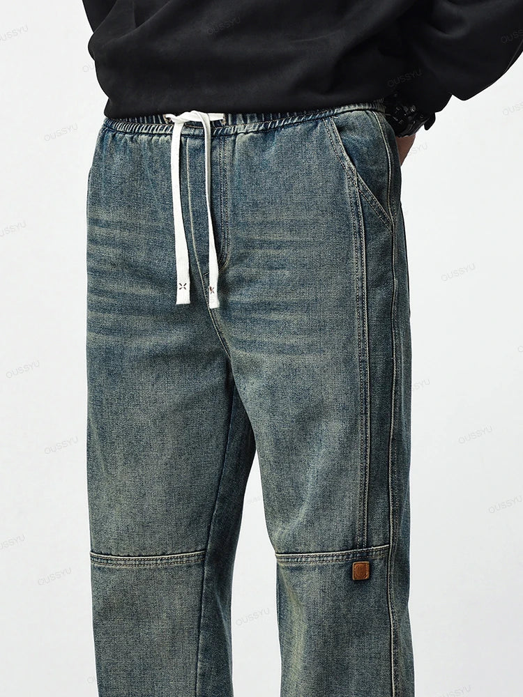 Men's Retro  Elastic Waist Thick Jeans