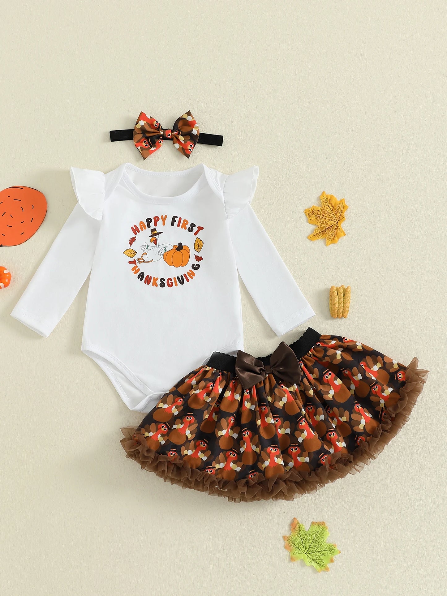 Baby Girls Thanksgiving Outfit Set - 3-Piece Long Sleeve Romper, Mini Skirt & Headband