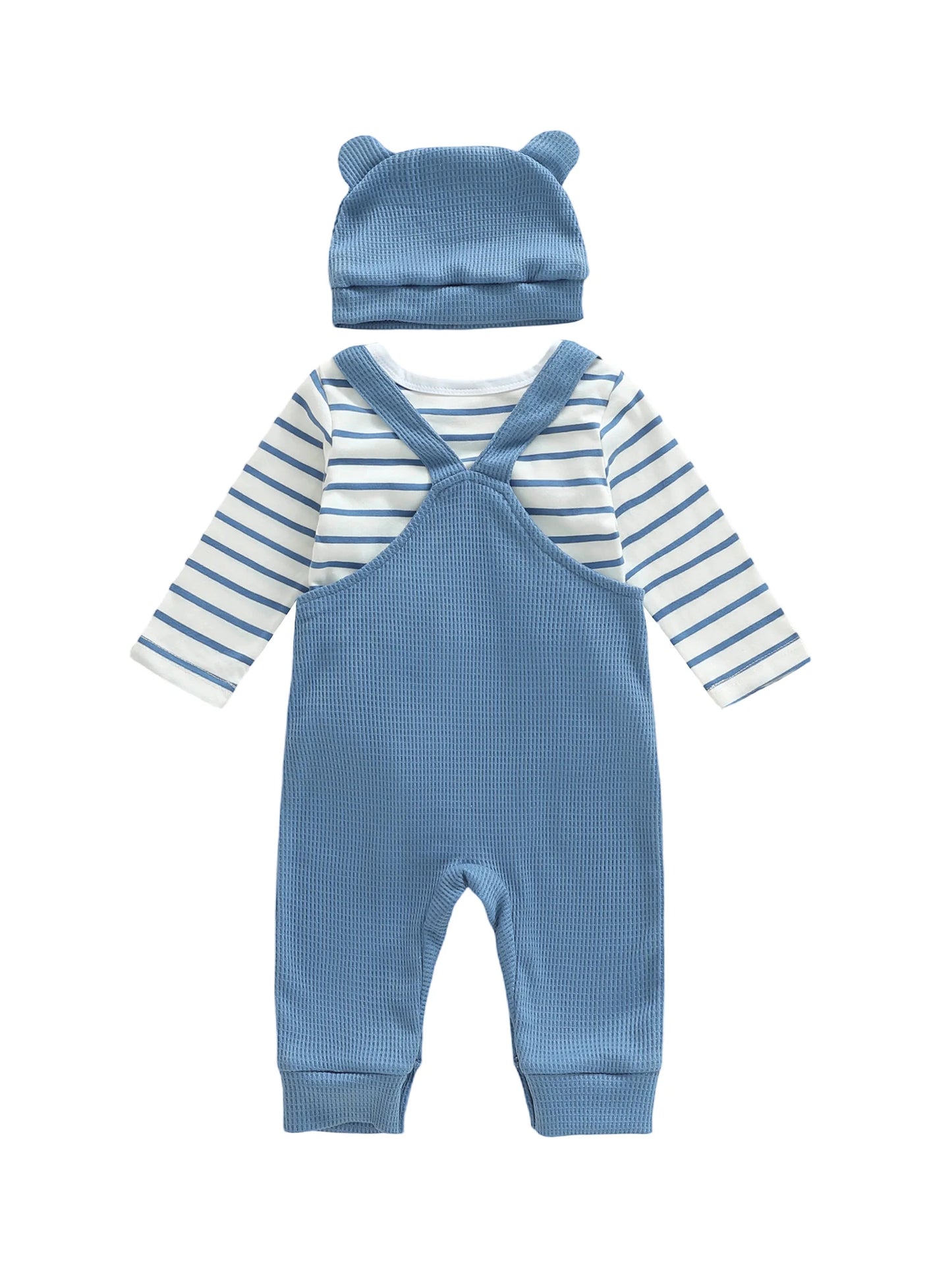 Baby Boys 3-Piece Outfit Set - Striped Romper, Elephant Suspender Pants & Hat