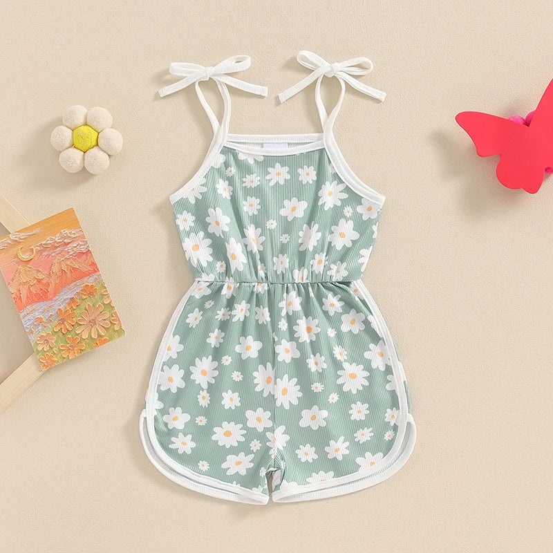 0-5Y  Kids Girls Summer Jumpsuit Shorts 4 Colours Sleeveless Square Neck Floral Print Romper Playsuits