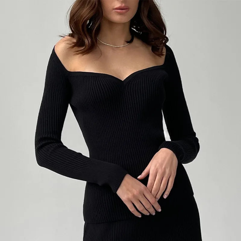 Women's Square Collar Knit Long Sleeve Top