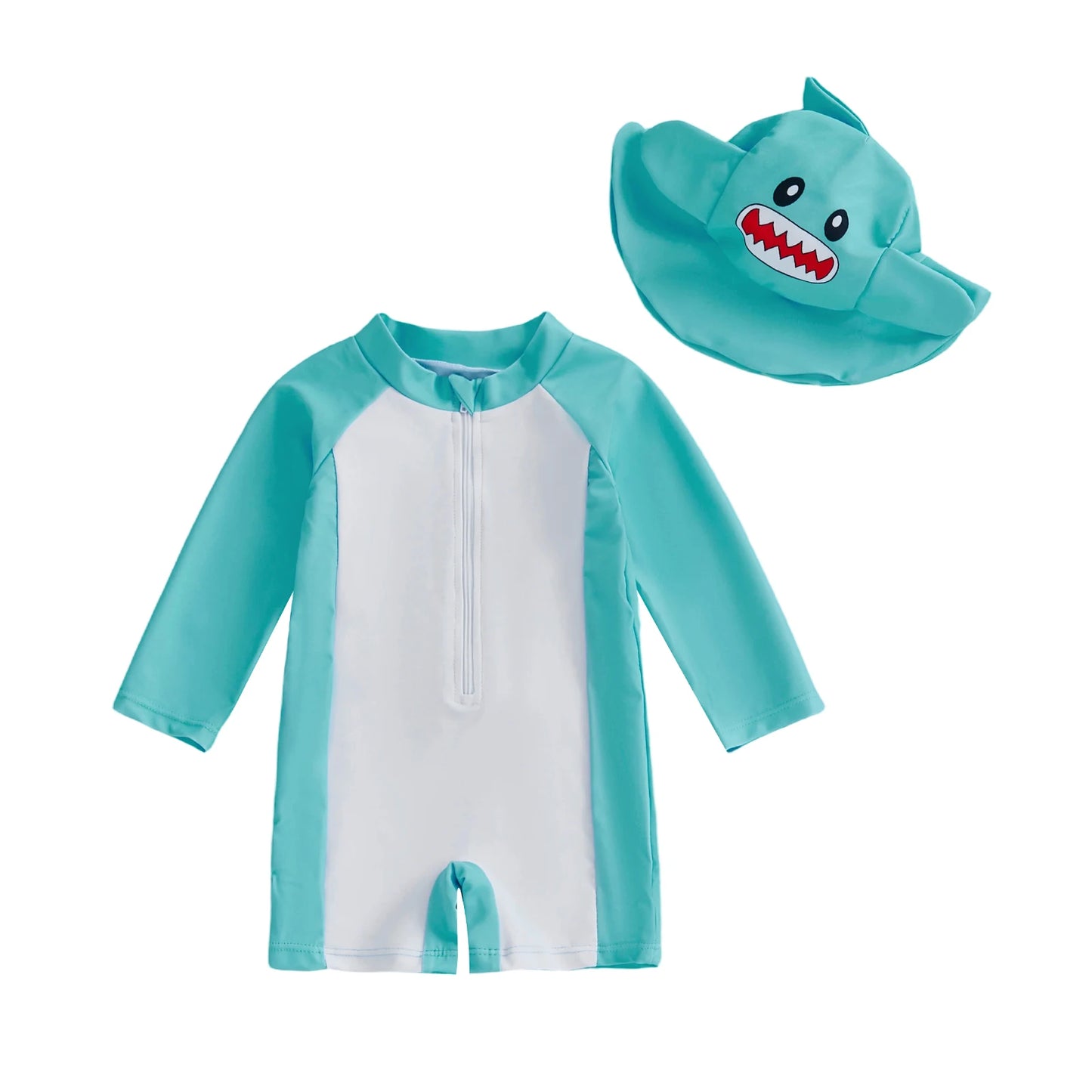 Baby Boys Rash Guard Swimsuit Set - Long Sleeve Zip-Up with Sun Cap