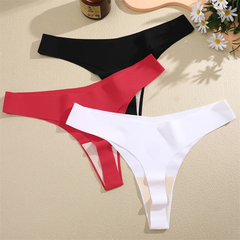 3PCS Women Ice Silk Seamless Underpants Panties, V-Waist Sport Thongs Low Rise 10 Solid Colours Breathable G-string