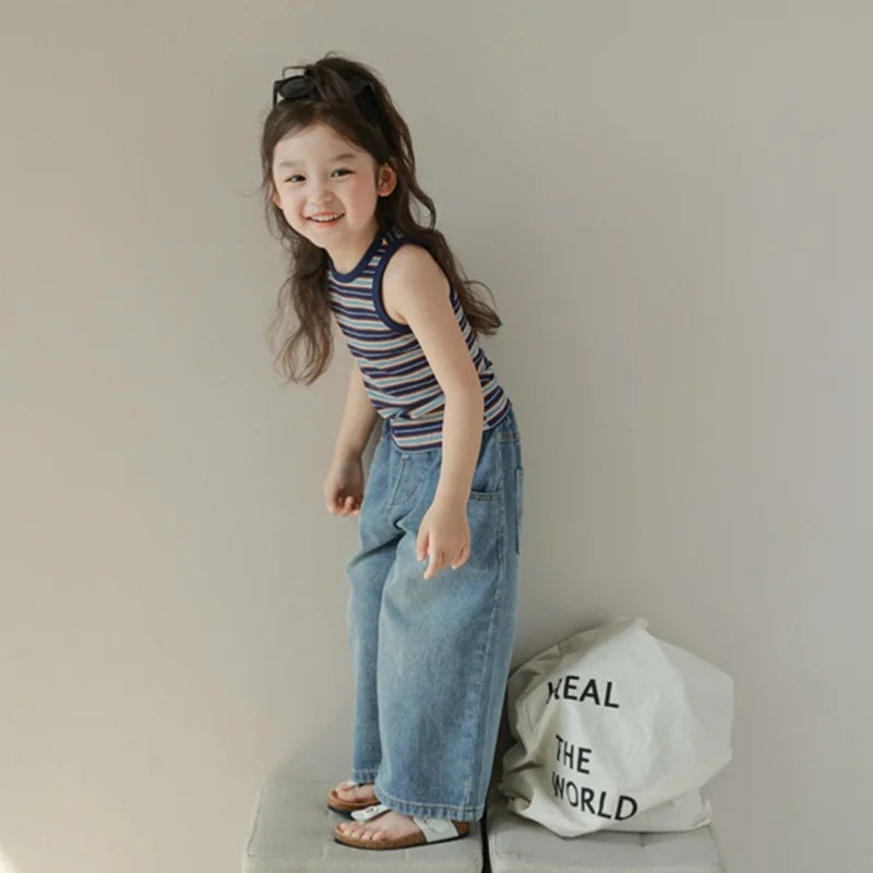 Girl's High Waist Wide-Leg Denim Jeans for 3-8Yrs Old