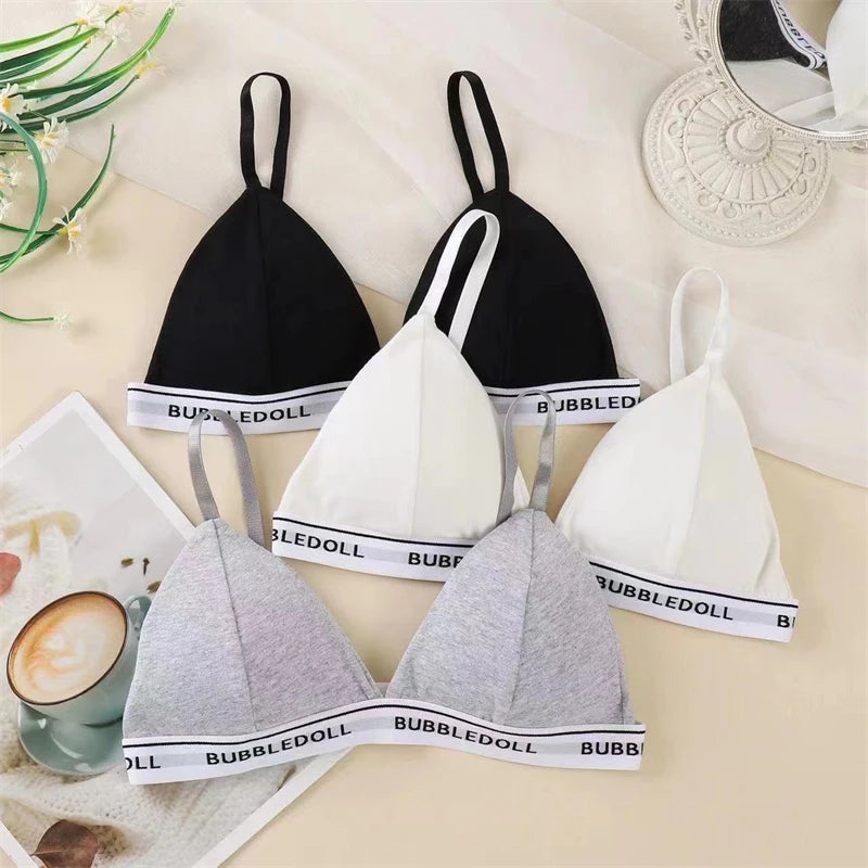 Women's Cotton Triangle Cups Bra Deep V Padded Brassiere Underwear Letter Push Up Lingerie Bra