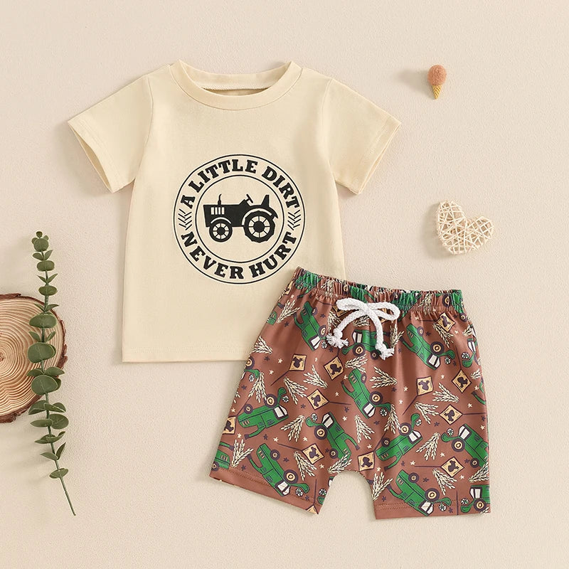 0-3Y Summer Casual Baby Boys Clothes Set 2pcs Short Sleeve Letters Print T-shirt with Tractor Shorts Outfit