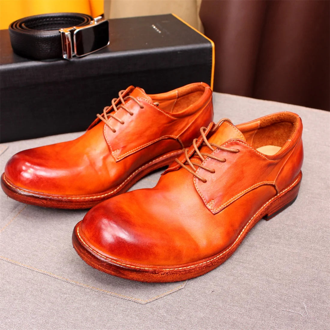 Men's Handmade Goodyear Sewn Comfortable Derby Formal Soft Leather Genuine Leather Round Toe Non-slip Casual Shoes
