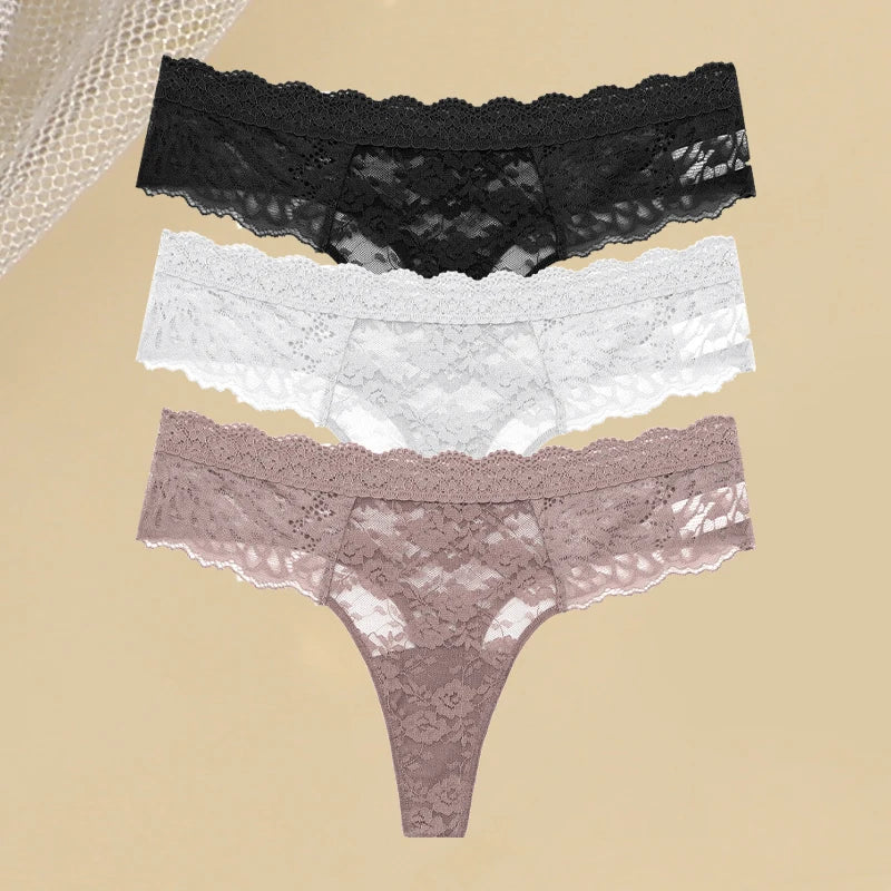 3Pcs Women's Lace Hollow Out Underwear Floral Print Panties Low-Waist Thong Breathable G-string Lingerie