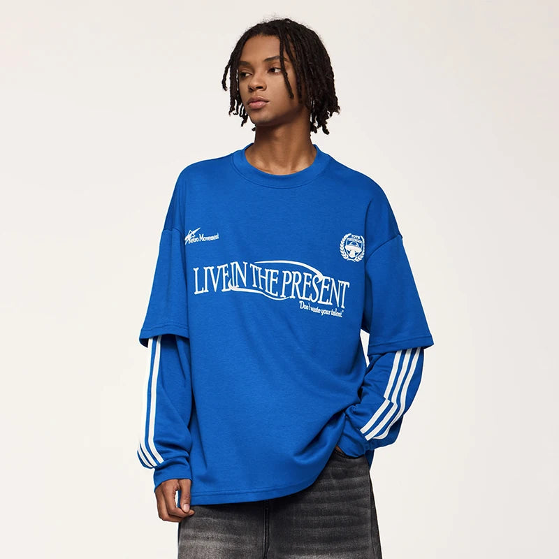 Unisex Retro Double Layer Streetwear Hip Hop Oversized Long Sleeve Sportswear T-Shirt