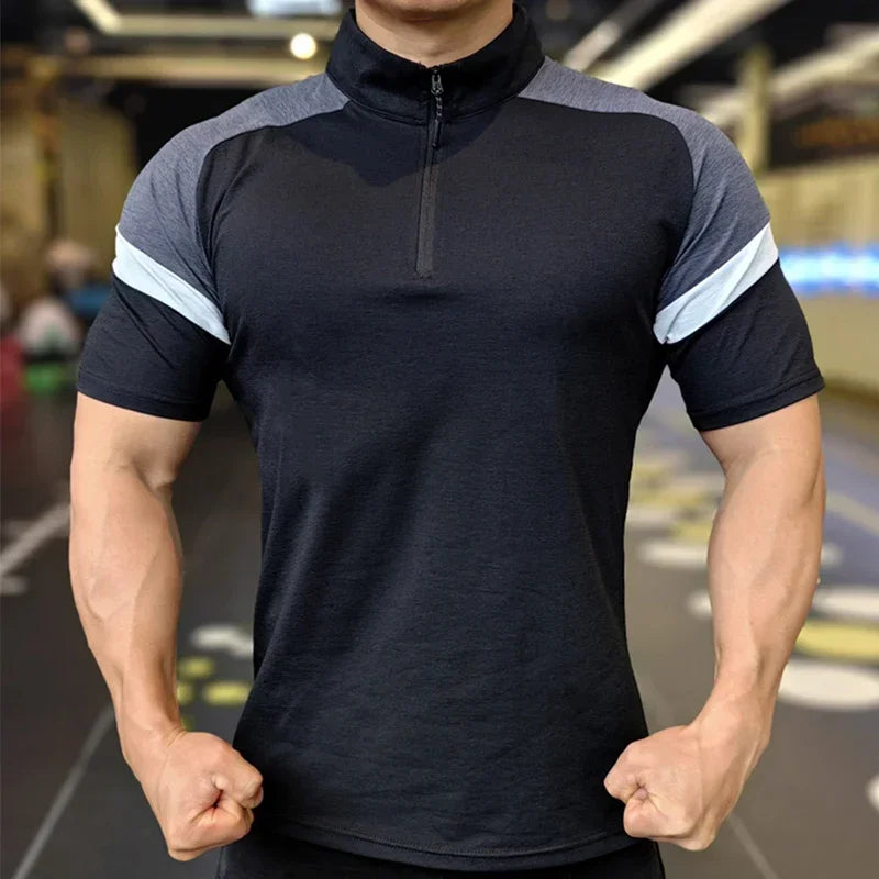 Men's Fitness Running Half Zip Training High Elasticity Muscle T-Shirt