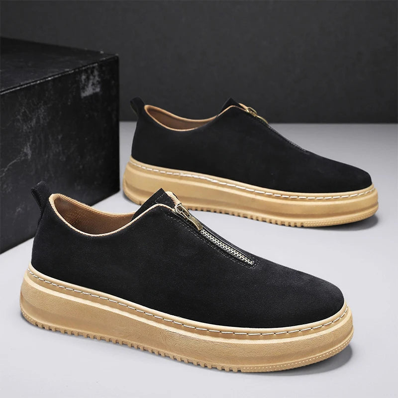 Men's Suede Leather Platform Work Shoes - Zipper Casual Business Sneakers