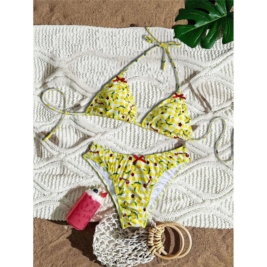 Lemon Print Halter Bikini Set