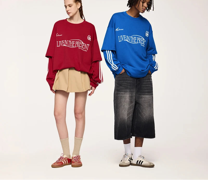 Unisex Retro Double Layer Streetwear Hip Hop Oversized Long Sleeve Sportswear T-Shirt