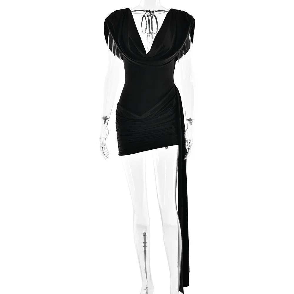 Women's Elegant Ruched Draped V Neck Mini Dress - Sleeveless Bodycon