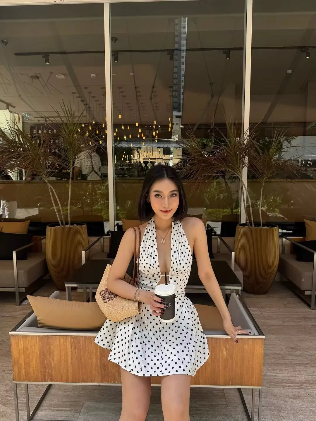 Polka Dot Halter Mini Dress - Deep V Backless A-Line Dress