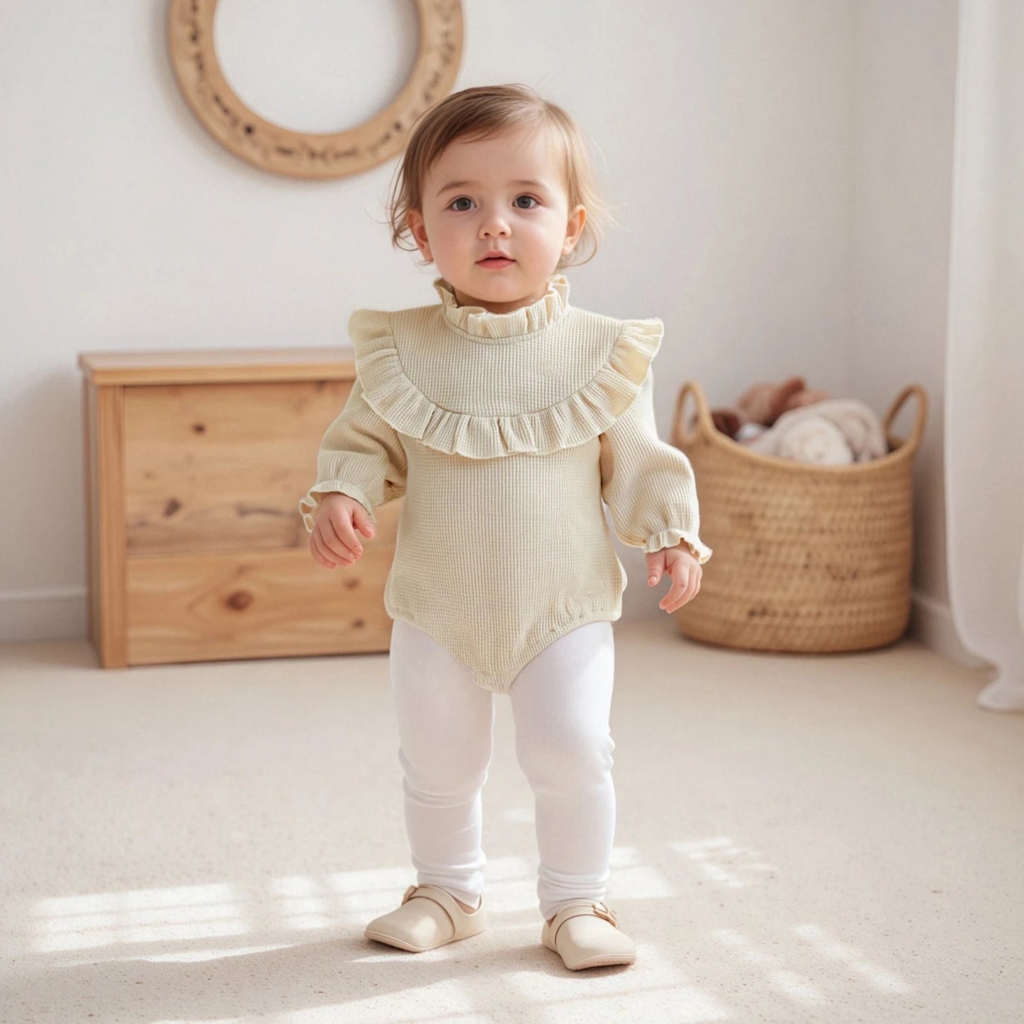 Newborn Baby Girls Waffle Romper - Long Sleeve Mock Neck Ruffled Jumpsuit