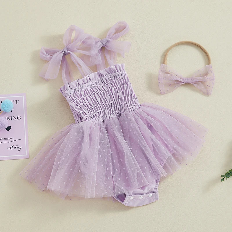 Baby Girls Princess Romper Dress Set - Sleeveless Dot Mesh Tulle with Hairband