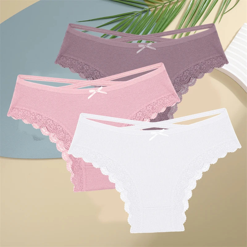 3PCS Women Cotton Underwear Panties Lace Briefs Low-Waist Cross Belt Hollow Out Cozy Lingerie