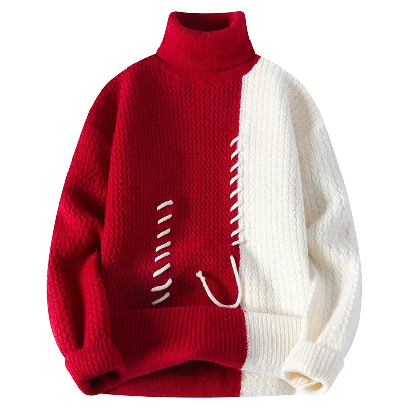 Men's Knitted Turtleneck Sweater - Patchwork Casual Pullover