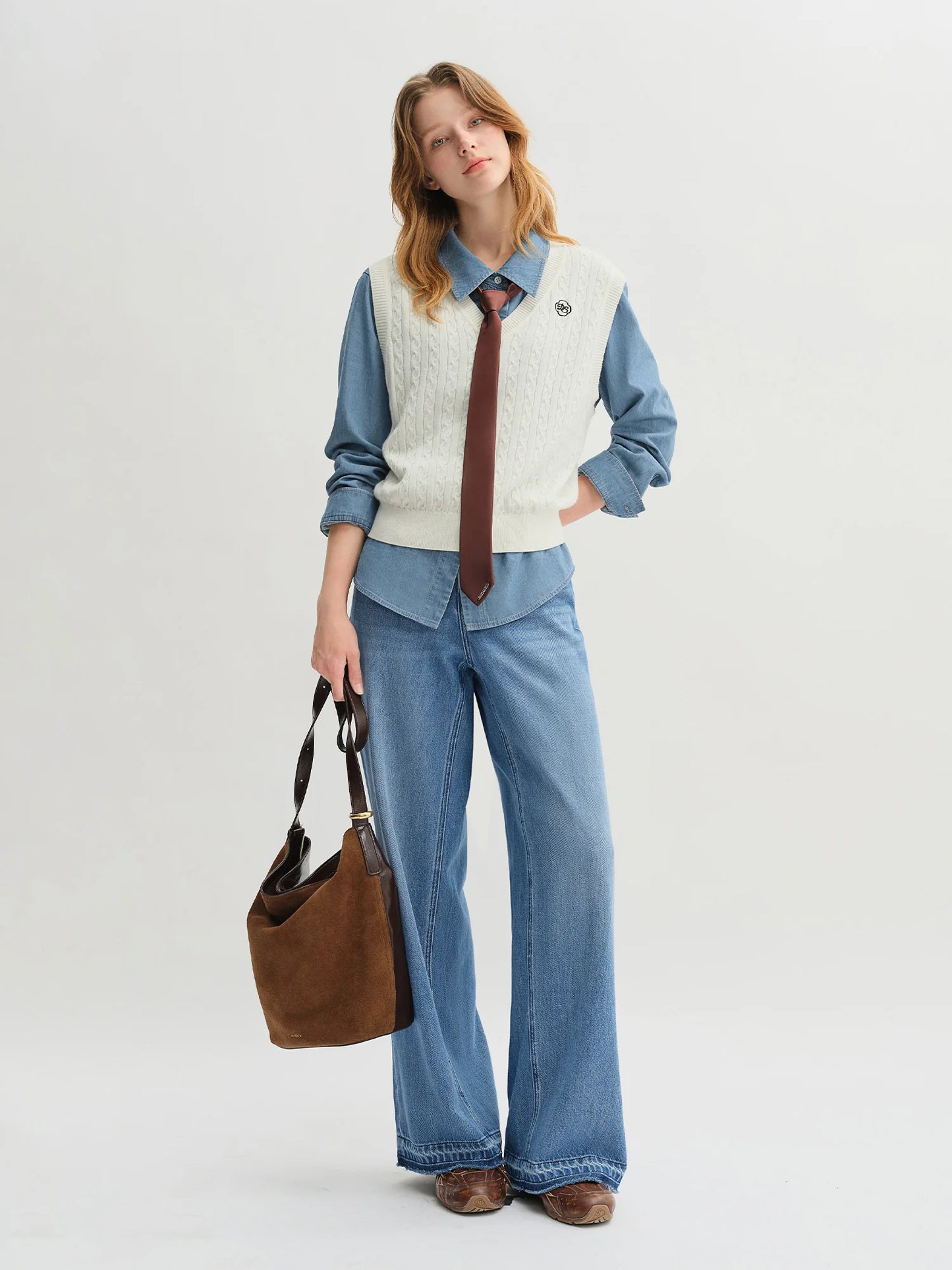 Cable Knit Vest - White V-Neck Sleeveless Pullover