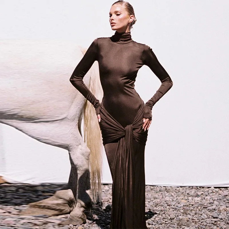 Women's Bandage Maxi Bodycon Turtleneck Long Sleeve Splice Ruched Dress