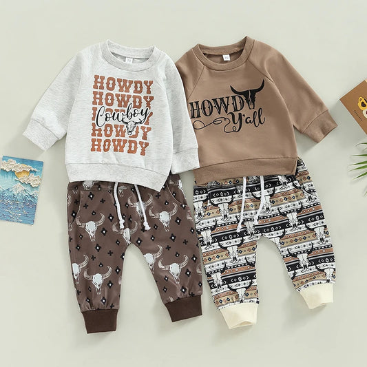 Baby Boys Cow Print Outfit Set - Long Sleeve Sweatshirt & Drawstring Pants