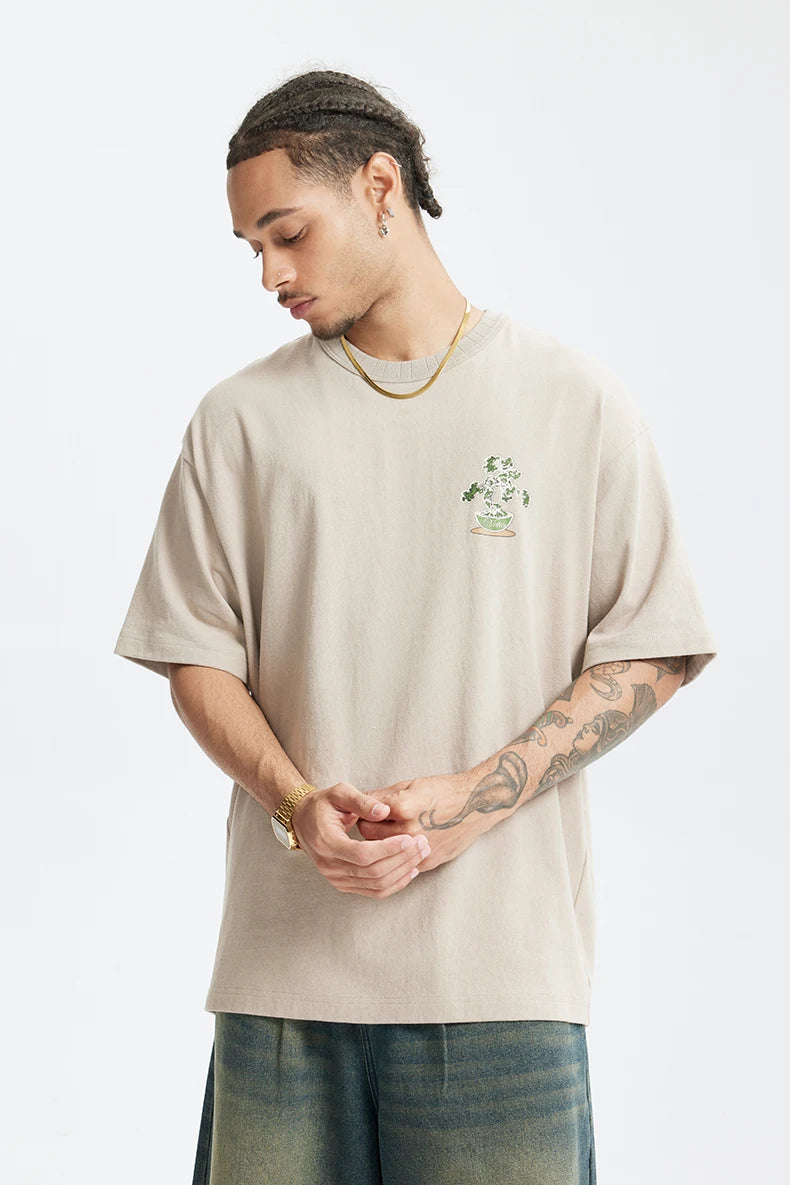 Men's 250G Green Plant Crack Print Retro Street Style Heavyweight Casual Short Sleeve T-Shirt