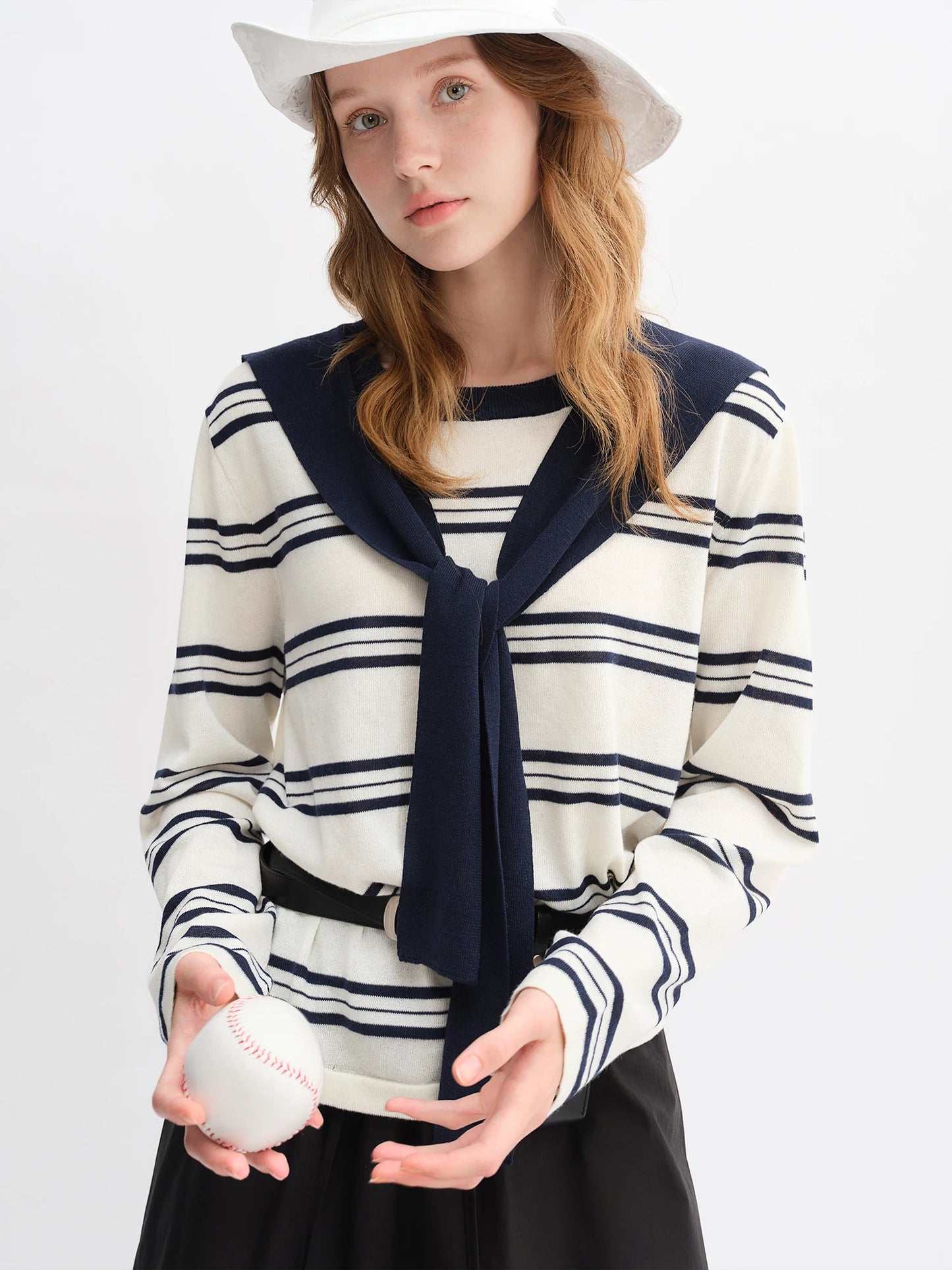 Striped Shawl and Sweater Skirt Set - Contrasting Knit Two-Piece