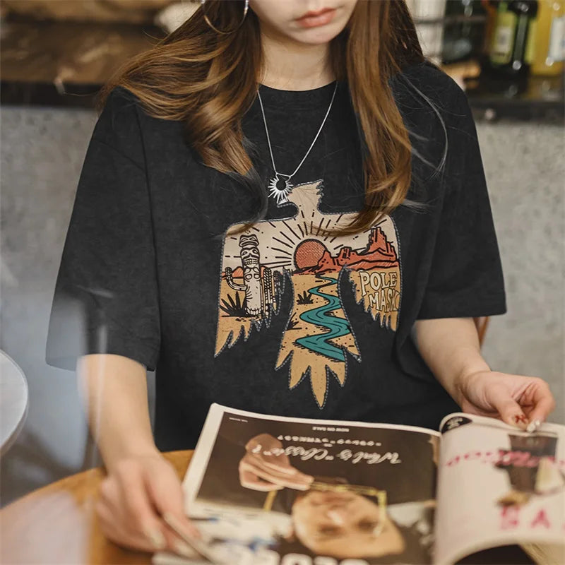 Women's Retro Thunderbird Print T-Shirt - Heavyweight Embroidered Tee