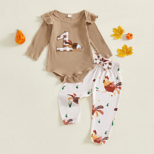 Baby 3-Piece Outfit Set - Ruffle Long Sleeve Embroidery Romper & Pants (0-18M)