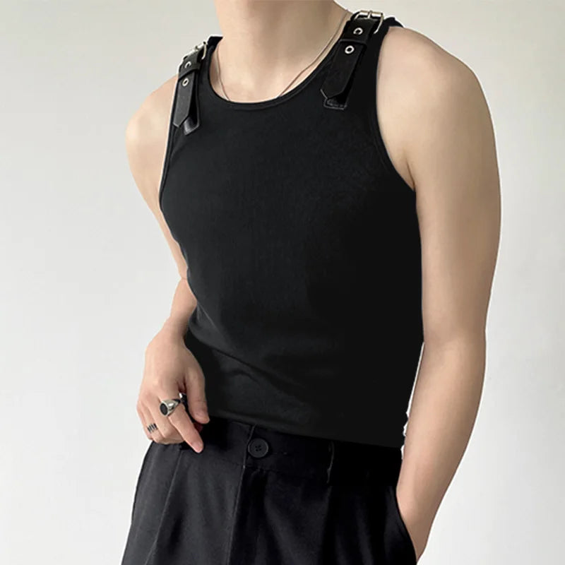 Men's Tank Tops Solid Colour PU Leather Button Sleeveless Round neck Vest