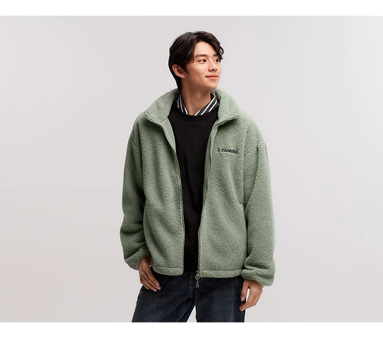 Men's Loose Fit Fleece Jacket - Plush Embroidered Stand Collar Winter Coat
