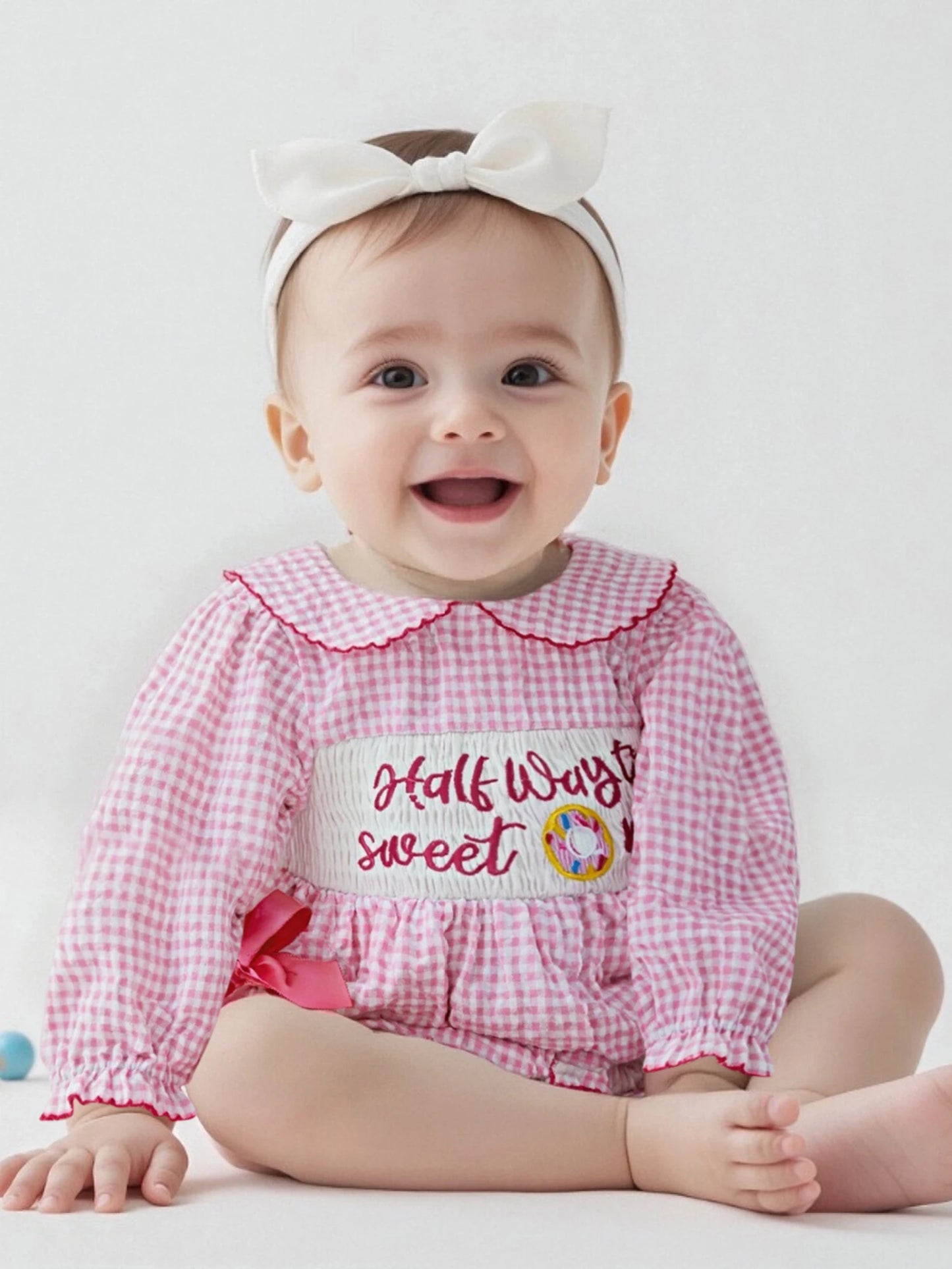Newborn Baby Girls' Plaid Bubble Romper - Letter Embroidery Doll Collar Smocked Jumpsuit