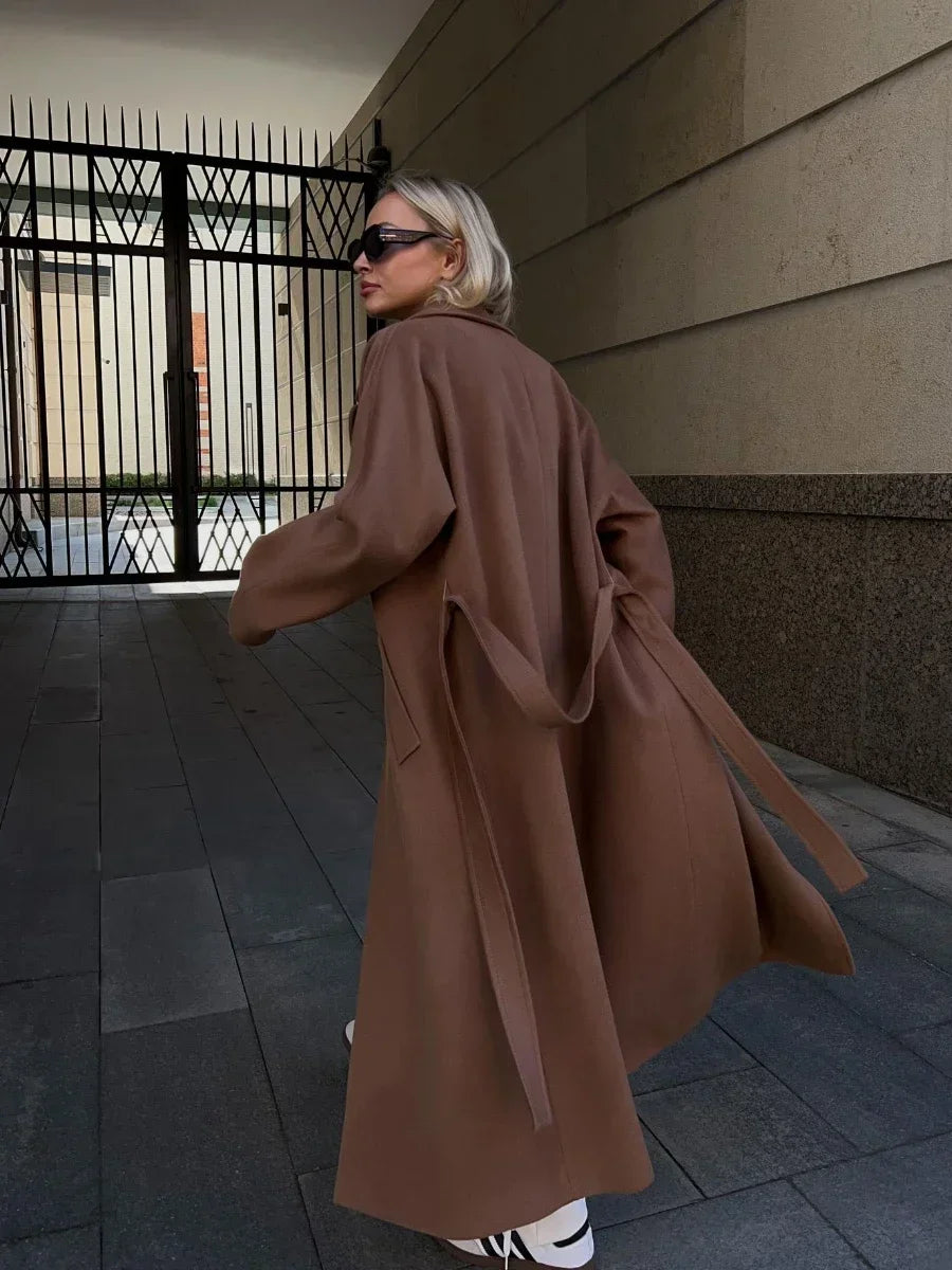 Women's Winter Thick Woollen Belted Loose Long Jacket Coat