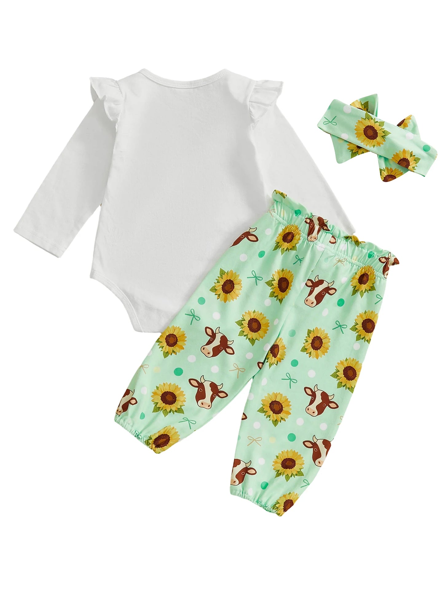 Baby 3-Piece Outfit Set - Cow Print Letter Romper, Pants & Headband