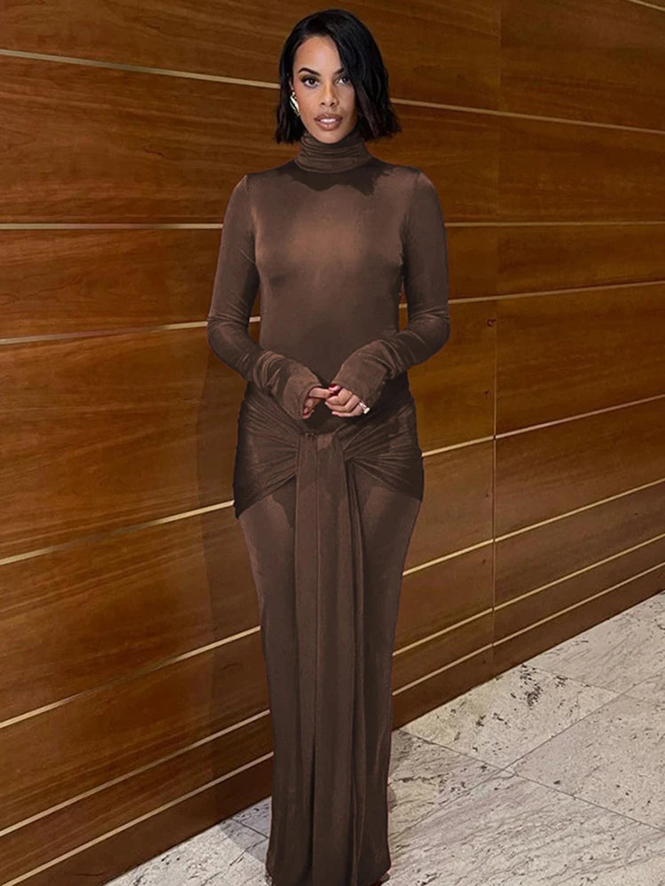 Women's Bandage Maxi Bodycon Turtleneck Long Sleeve Splice Ruched Dress