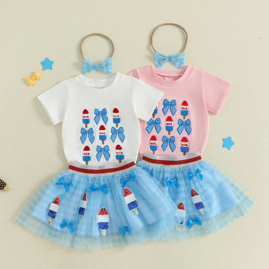 0-6Y Kids Girls American Flag Clothes Sets Bow Embroidery Short Sleeve T Shirt Mesh Lace Skirt Headband